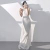 White/Apricot Silver Sequin Mermaid Halter Evening Gown
