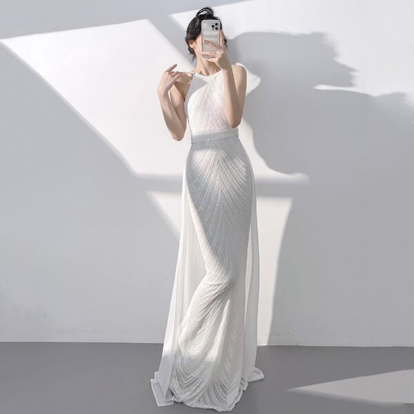 White/Apricot Silver Sequin Mermaid Halter Evening Gown