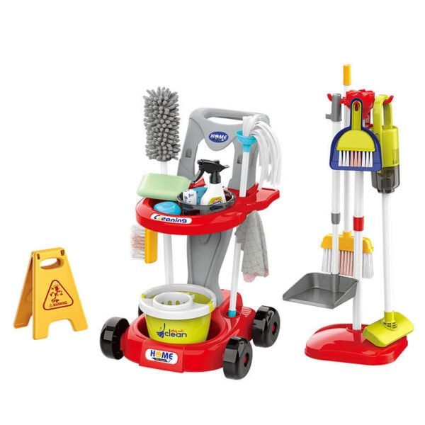 Kids’ Pretend Cleaning Trolley Set — Toy Vacuum, Broom & Mop