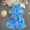 A-Line Printed Midi Dress - Long Sleeve, Low Crewneck