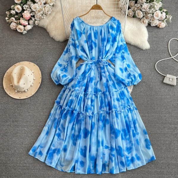 A-Line Printed Midi Dress - Long Sleeve, Low Crewneck