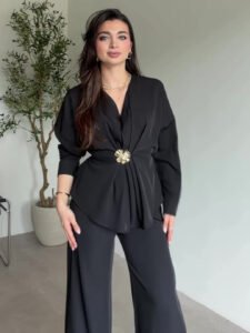 Buttoned Pleated Top & Straight-Leg Pants Casual Set