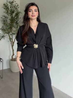 Buttoned Pleated Top & Straight-Leg Pants Casual Set