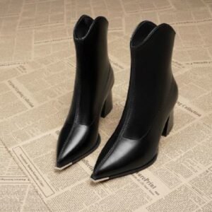 Retro Pointed-Toe Short Boots - Metal Toe Thick Heel