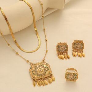 Gold-Plated Square Pavé Pendant Jewellery Set — 3 Piece, Turkish Style