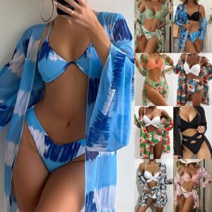 Three-Piece Bikini Set with Mesh Cover-Up - Underwired Swimsuit