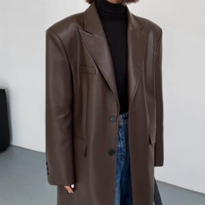 Manteau blazer mi-long en simili cuir - Coupe ample, au-dessus du genou