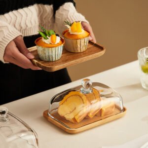 Glass Cloche with Wooden Base - Rectangular Cake & Dessert Display Dome