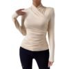 Cross-Front Ruched T-Shirt - Slim Fit Long Sleeve Top