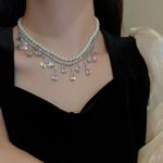 Baroque Pearl Drop Pendant Necklace - Short Rhinestone Chain