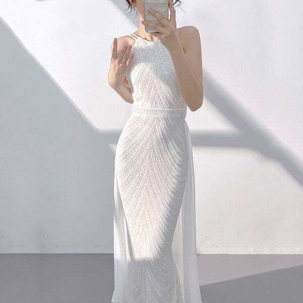 White/Apricot Silver Sequin Mermaid Halter Evening Gown
