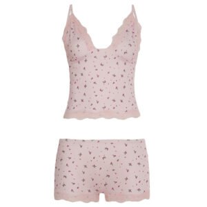 Lace-Trim Floral Sling Top & Shorts Loungewear Set