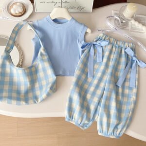 Girls’ Plaid Three-Piece Set — Bow Top, Wide-Leg Trousers & Bag