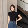 O1CN01z9TWbI2JUht2d0Ahf_2204599425-0-cib Mock Neck Short Sleeve T-Shirt - Fitted Ribbed Knit Top for Women
