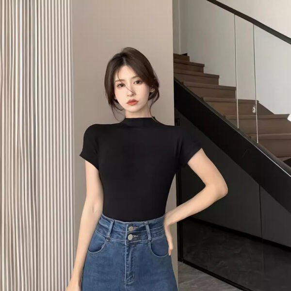 O1CN01z9TWbI2JUht2d0Ahf_2204599425-0-cib Mock Neck Short Sleeve T-Shirt - Fitted Ribbed Knit Top for Women