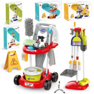 Kids’ Pretend Cleaning Trolley Set — Toy Vacuum, Broom & Mop