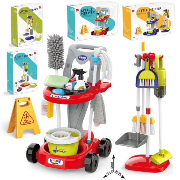 Kids’ Pretend Cleaning Trolley Set — Toy Vacuum, Broom & Mop