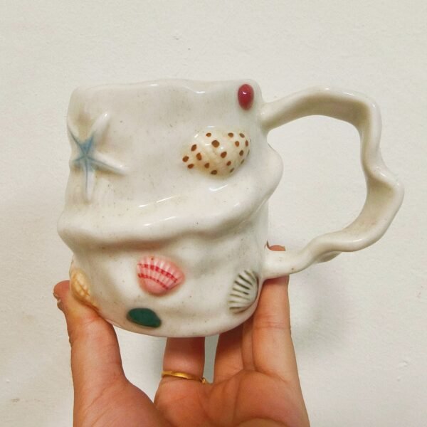Shell & Conch Ceramic Coffee Cup and Saucer — Hand-Painted Retro Set