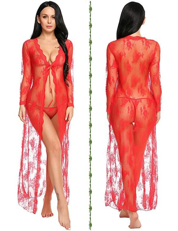 Foreign Trade Supply European and American New Women's Sexy Lace Mesh Transparent Robe Nightgown