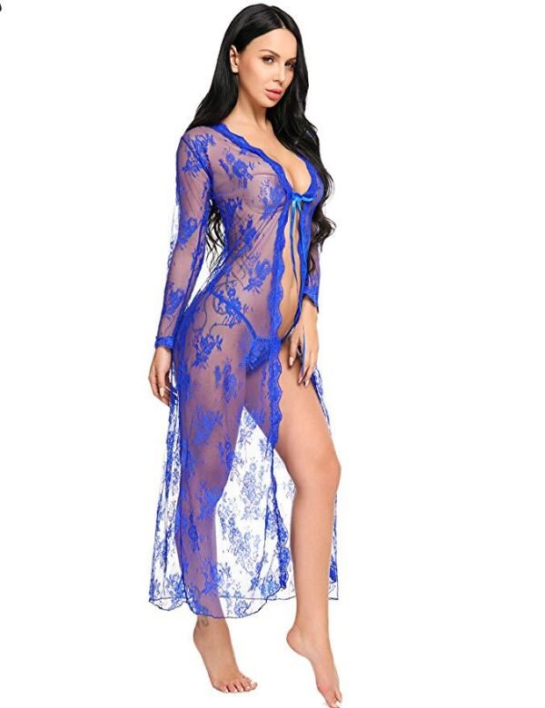 Foreign Trade Supply European and American New Women's Sexy Lace Mesh Transparent Robe Nightgown
