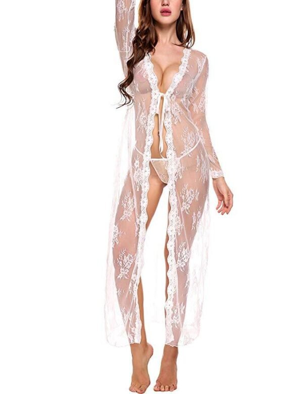 Foreign Trade Supply European and American New Women's Sexy Lace Mesh Transparent Robe Nightgown