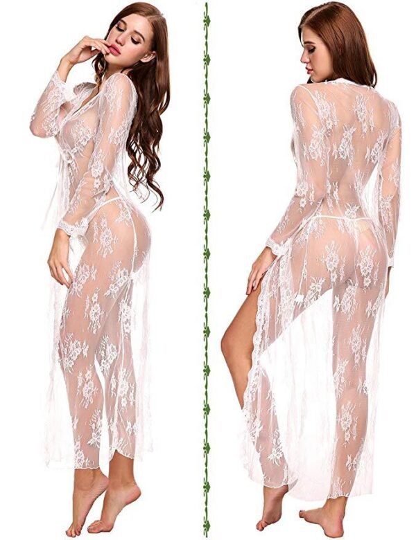 Foreign Trade Supply European and American New Women's Sexy Lace Mesh Transparent Robe Nightgown