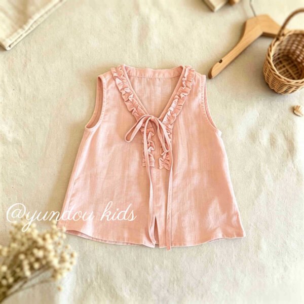 Girls' Tencel Linen Sleeveless Set with Lace Collar, Simple Cute Princess Style