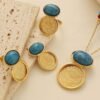 Gold-Plated Ancient Coin Pendant Necklace Beaded Chain Blue Turquoise Earrings Three-Piece Set