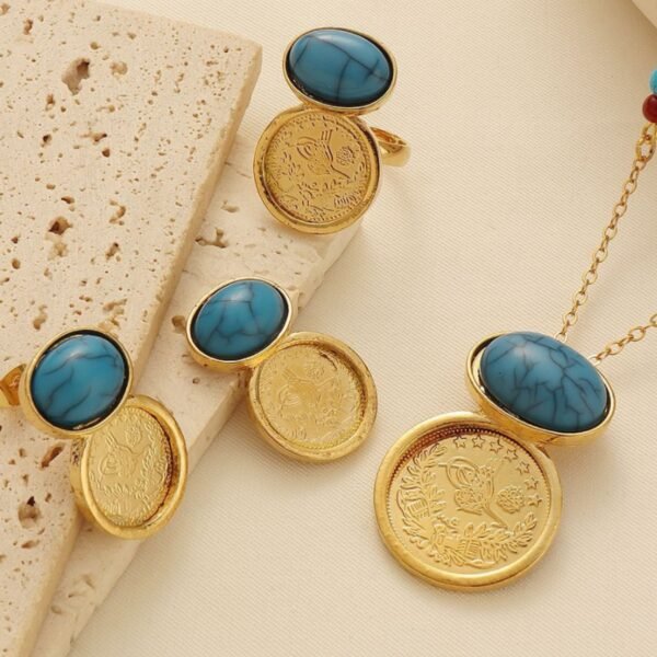 Gold-Plated Ancient Coin Pendant Necklace Beaded Chain Blue Turquoise Earrings Three-Piece Set