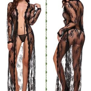 Foreign Trade Supply European and American New Women's Sexy Lace Mesh Transparent Robe Nightgown