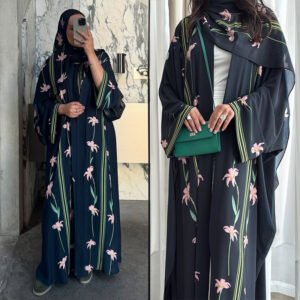 LN237 Cardigan imprimé modeste, Robe extérieure, ensemble deux pièces avec foulard
