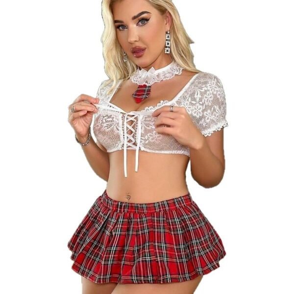 Cross-Border Foreign Trade European and American New Sexy Lingerie Sexy Women's Lace Top JK Plaid Skirt Sexy Suit Wholesale