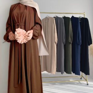 LN837 robe longue de style cardigan à manches lanternes et nouée à la taille