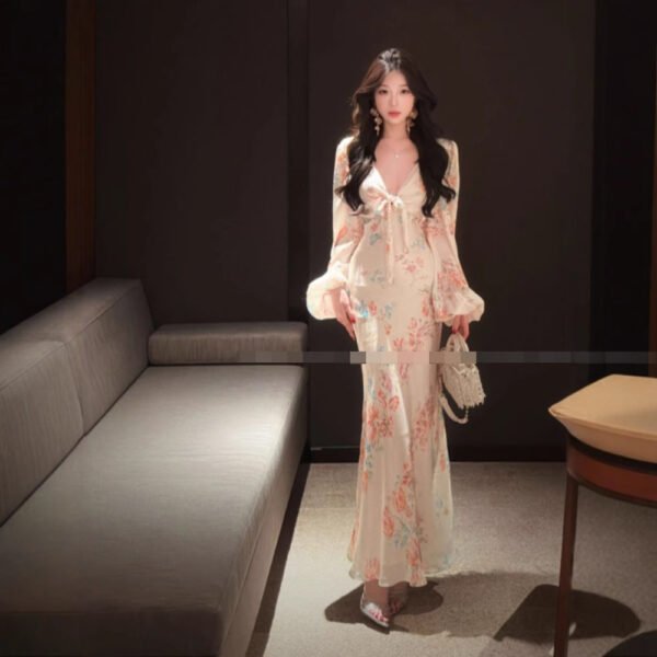 Picture color French Style Sexy V-Neck Printed Dress Elegant Waist Fishtail Long Dress for Vacation