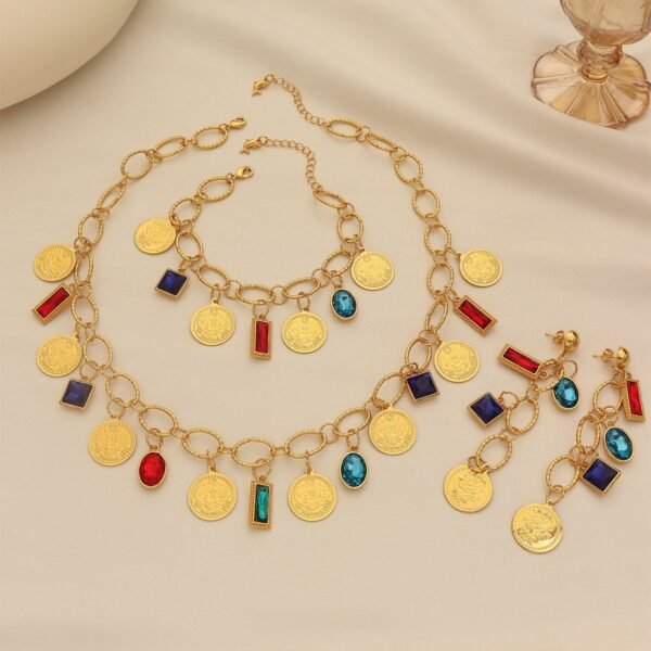Coin Jewelry Set, Colored Diamond Necklace Four-Piece Set with Zircon Earrings 2 Coin Jewelry Set, Colored Diamond Necklace Four-Piece Set with Zircon Earrings