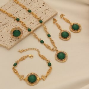 Cross-Border Retro Palace Style Green Crystal Necklace Luxury K Gold Plated Set with Earrings, Xinjiang Banquet Jewelry