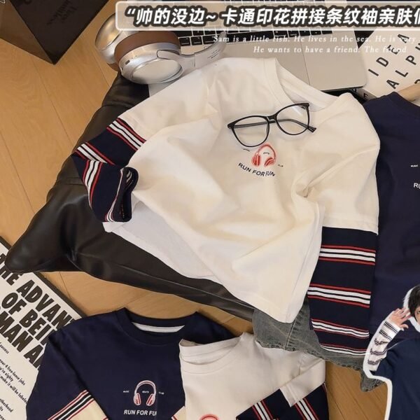 Boys' Pure Cotton Long-Sleeve T-Shirt, Children's Faux Two-Piece Base Shirt, Spring Autumn Style