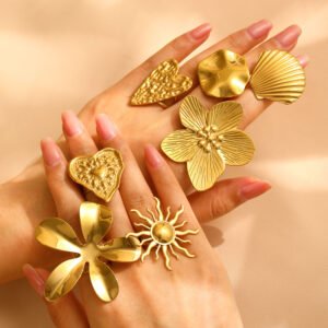 Stainless Steel Open Rings - Textured Flower, Sun & Heart Statement Ring Collection