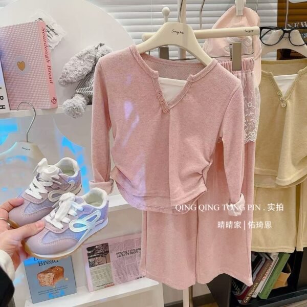 2025 New Preppy Style Girls' Spring Autumn Set, Casual Zip-Up Hoodie, Korean Loose Fit Big Kids