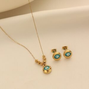 Turkish Ethnic Style Blue Eyes Pendant Necklace and Earrings Set, Devil's Eye Retro Jewelry