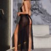 Cross-Border Foreign Trade European and American New Sexy Underwear Sexy Women's Mesh Yarn Halterneck Hollow Split Long Skirt Sexy Suit