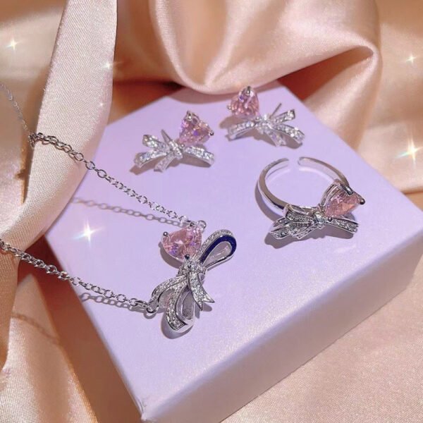 Pink Heart & Bow Cubic Zirconia Jewellery Set - Necklace, Earrings & Ring