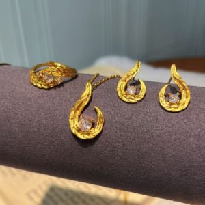 Vintage Brushed Gold Feather Jewellery Set - Wheat Ear Necklace, Earrings & Ring