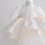 Girls White Princess Party Dress - Puffy Tulle Gown for Weddings & Birthdays