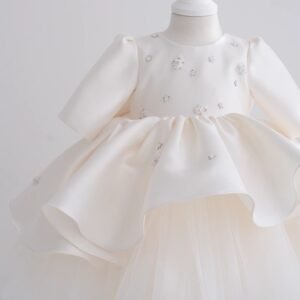 Girls White Princess Party Dress - Puffy Tulle Gown for Weddings & Birthdays