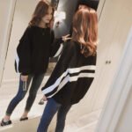 Korean Style Striped Contrasting Lantern Sleeve Sweatshirt Loose Black Top Jacket