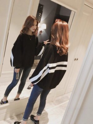 Korean Style Striped Contrasting Lantern Sleeve Sweatshirt Loose Black Top Jacket