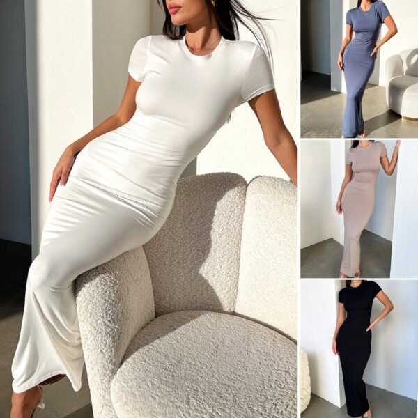Women's Solid Colour Short Sleeve Dress - Slim Fit Elegant Summer Dress