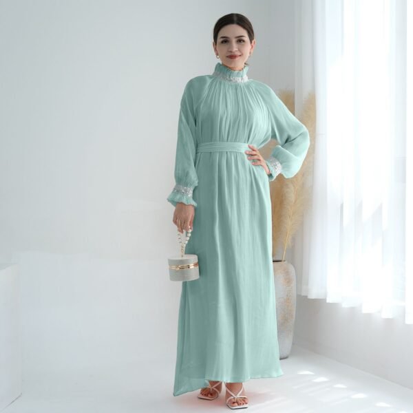 LN7101 Sparkling Diamond Ruffled Stand Collar Lantern Sleeve Maxi Dress
