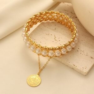 Middle Eastern Vintage Pearl Bracelet with 24K Gold-Plated Coin Pendant